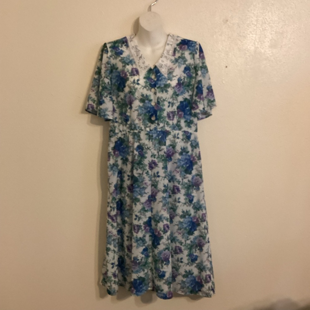 Vintage 80’ Women’s Rose Blue Floral Pattern Lace Collar Midi Cottagecore Size 8